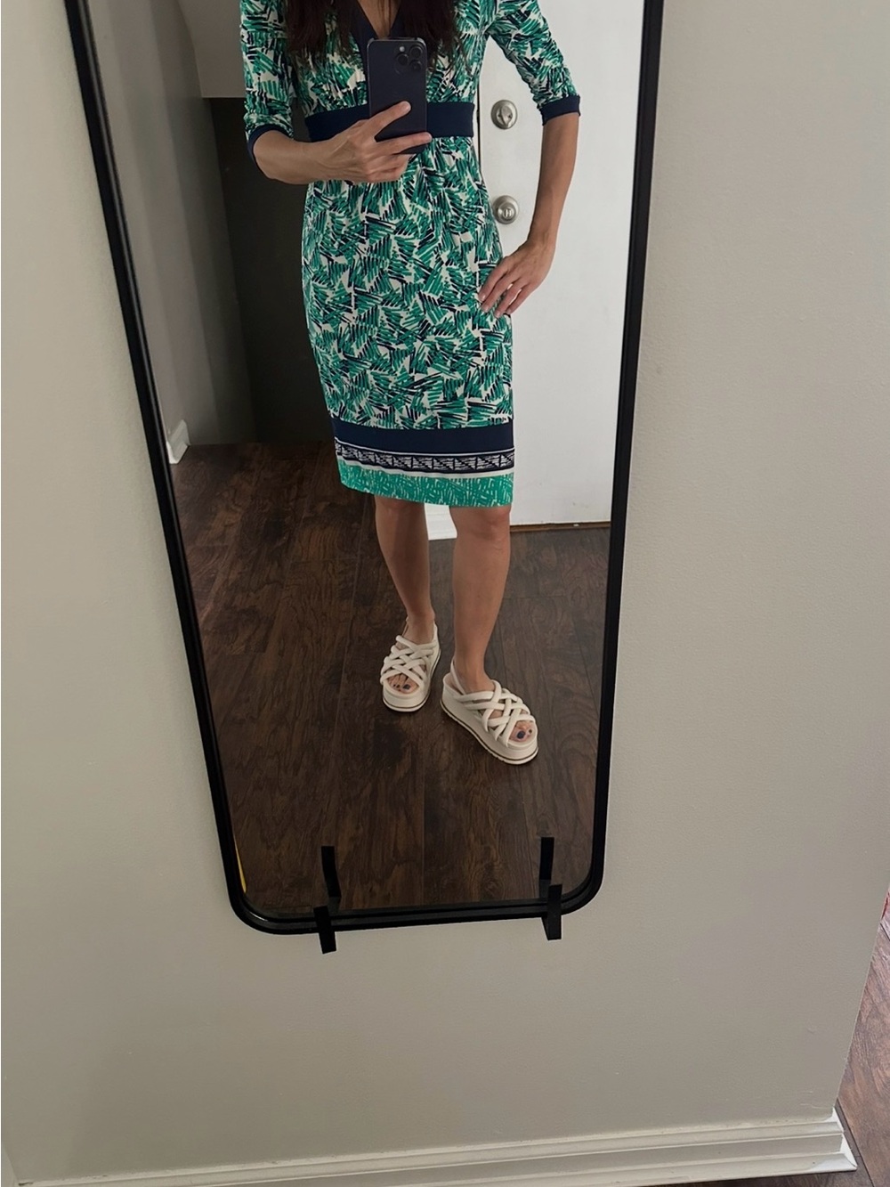 Max & Cleo Green Patterned V-Neck Dress with Navy Trim